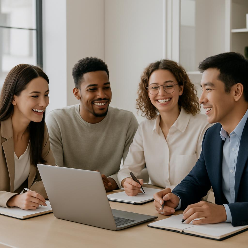 Four business people sitting around a table smiling and talking.
