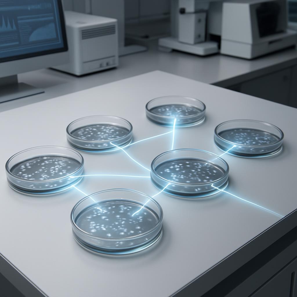 The image depicts a laboratory setting, featuring Petri dishes and a computer monitor with a graph displayed on its screen.